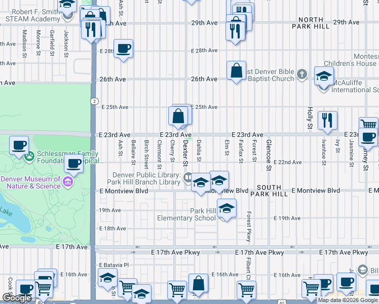 map of restaurants, bars, coffee shops, grocery stores, and more near 2230 Dexter Street in Denver