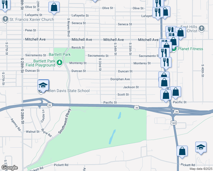 map of restaurants, bars, coffee shops, grocery stores, and more near 3313 Jackson Street in Saint Joseph