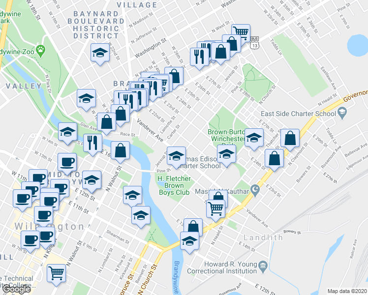 map of restaurants, bars, coffee shops, grocery stores, and more near 2105 North Pine Street in Wilmington