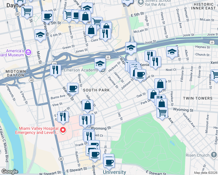 map of restaurants, bars, coffee shops, grocery stores, and more near 46 Bonner Street in Dayton