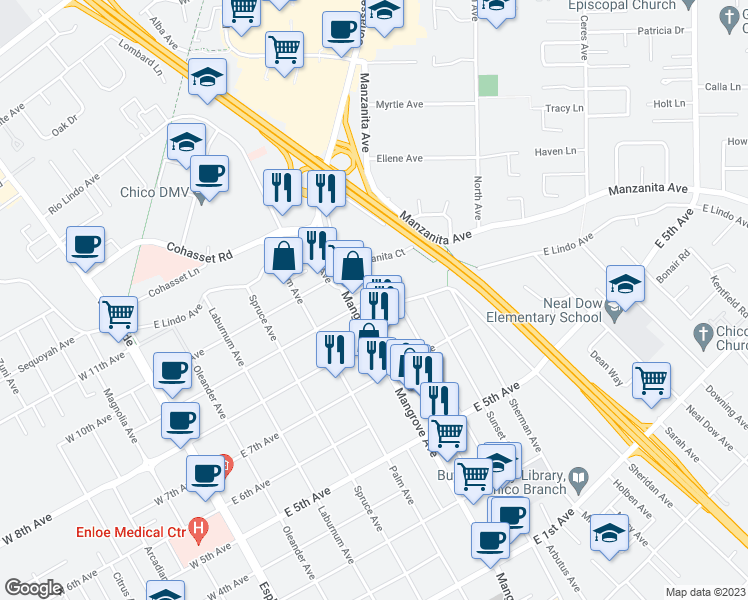 map of restaurants, bars, coffee shops, grocery stores, and more near 696 East 9th Avenue in Chico