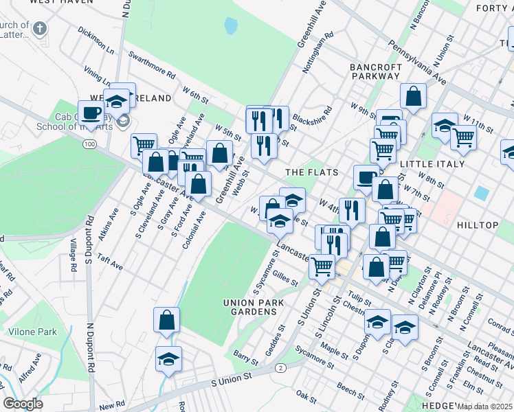 map of restaurants, bars, coffee shops, grocery stores, and more near 2411 West 2nd Street in Wilmington