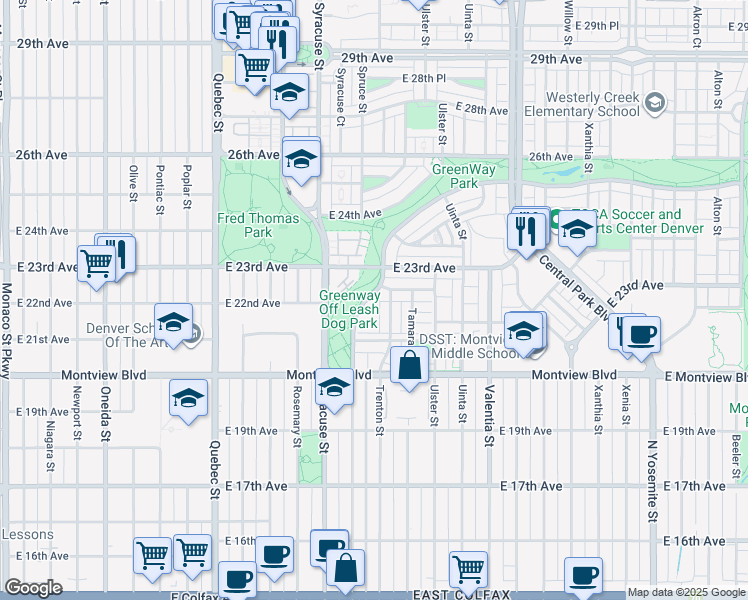 map of restaurants, bars, coffee shops, grocery stores, and more near 2242 Spruce Street in Denver