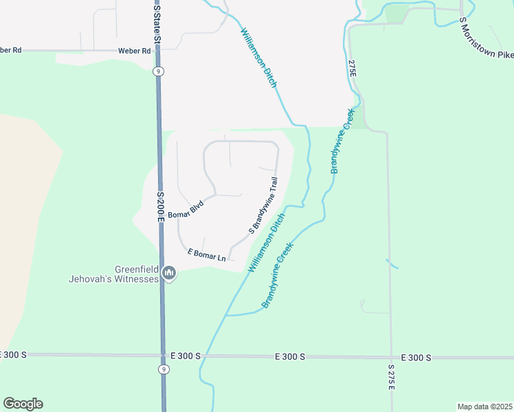 map of restaurants, bars, coffee shops, grocery stores, and more near 2520 South Brandywine Trail in Greenfield