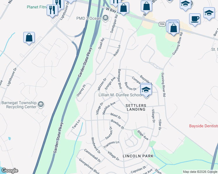 map of restaurants, bars, coffee shops, grocery stores, and more near 2 Admiral Court in Barnegat Township