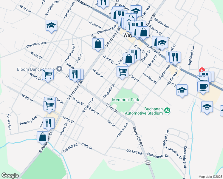 map of restaurants, bars, coffee shops, grocery stores, and more near 317 Ringgold Street in Waynesboro