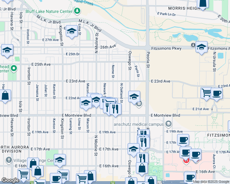 map of restaurants, bars, coffee shops, grocery stores, and more near 2230 Nome Street in Aurora