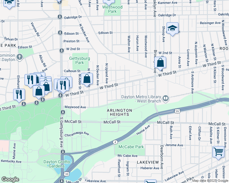 map of restaurants, bars, coffee shops, grocery stores, and more near 19 South Halloway Street in Dayton