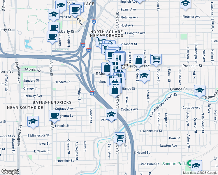 map of restaurants, bars, coffee shops, grocery stores, and more near 1035 Sanders Street in Indianapolis