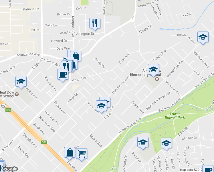 map of restaurants, bars, coffee shops, grocery stores, and more near 831 Nancy Lane in Chico