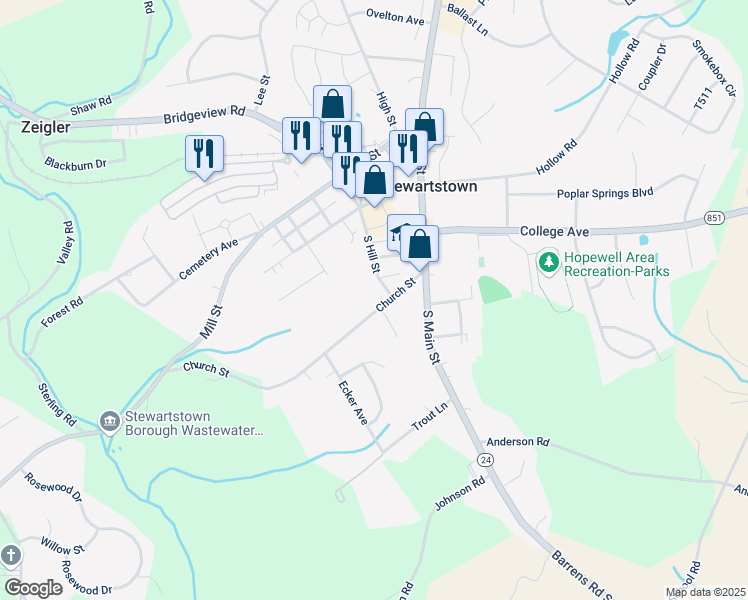 map of restaurants, bars, coffee shops, grocery stores, and more near 15 Church Street in Stewartstown