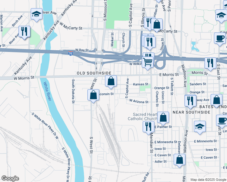 map of restaurants, bars, coffee shops, grocery stores, and more near 1280 South Senate Avenue in Indianapolis