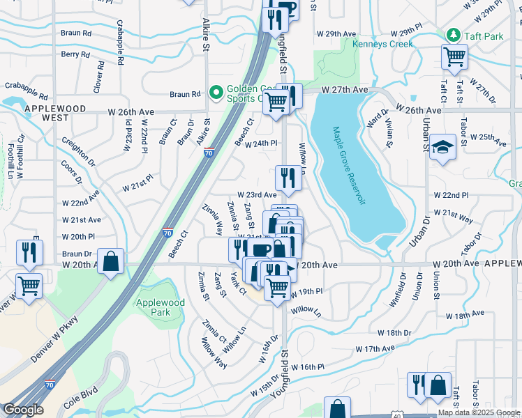 map of restaurants, bars, coffee shops, grocery stores, and more near 2233 Yellowstone Street in Golden