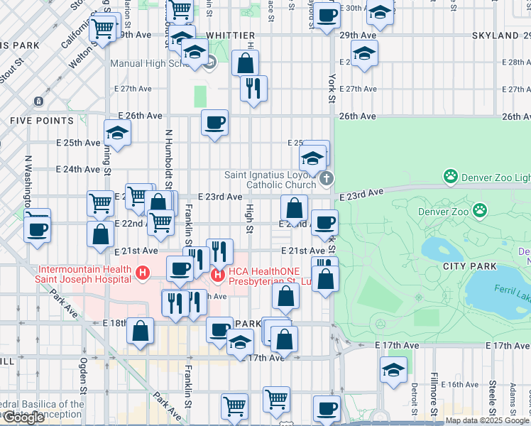 map of restaurants, bars, coffee shops, grocery stores, and more near 2225 Race Street in Denver