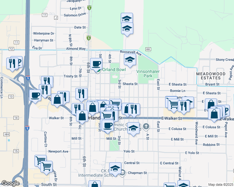 map of restaurants, bars, coffee shops, grocery stores, and more near 436 3rd Street in Orland