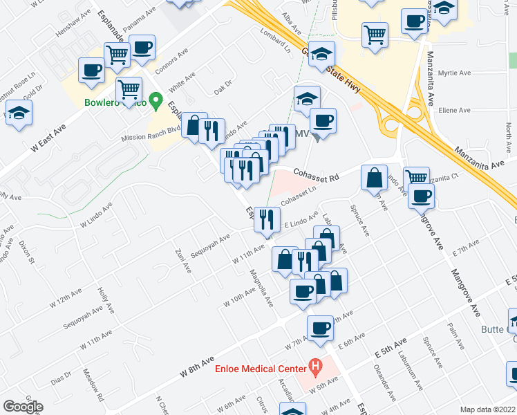 map of restaurants, bars, coffee shops, grocery stores, and more near 2158-2164 Esplanade in Chico