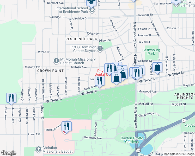 map of restaurants, bars, coffee shops, grocery stores, and more near 201 Elmhurst Road in Dayton
