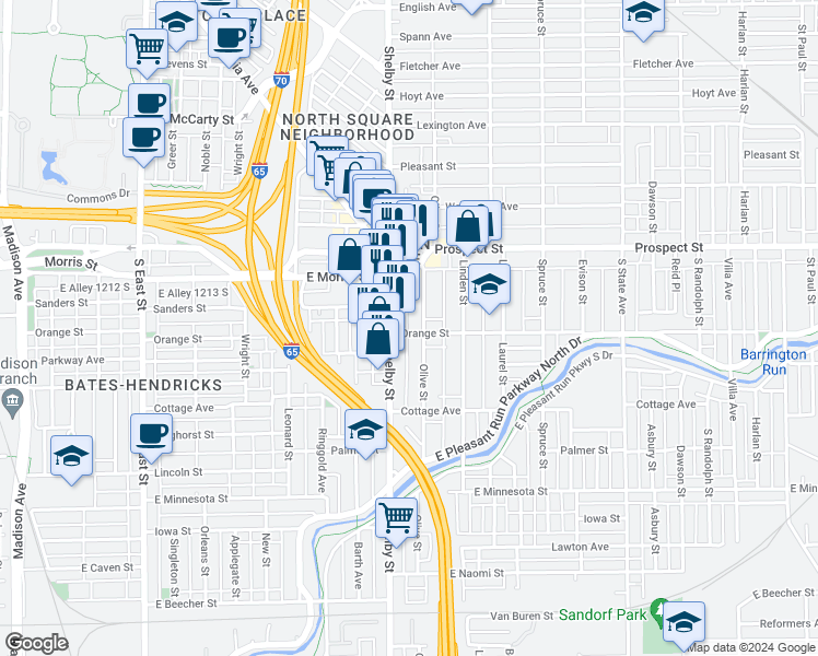 map of restaurants, bars, coffee shops, grocery stores, and more near 1120 Orange Street in Indianapolis