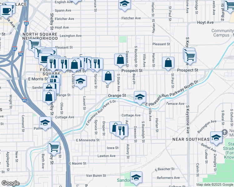 map of restaurants, bars, coffee shops, grocery stores, and more near 1622 Orange Street in Indianapolis