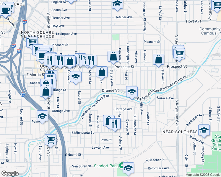 map of restaurants, bars, coffee shops, grocery stores, and more near 1238 South State Avenue in Indianapolis