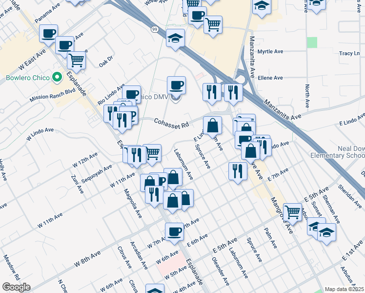 map of restaurants, bars, coffee shops, grocery stores, and more near 369 East Lindo Avenue in Chico