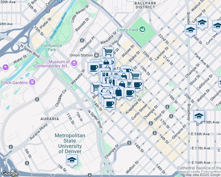 map of restaurants, bars, coffee shops, grocery stores, and more near 1400 16th Street in Denver