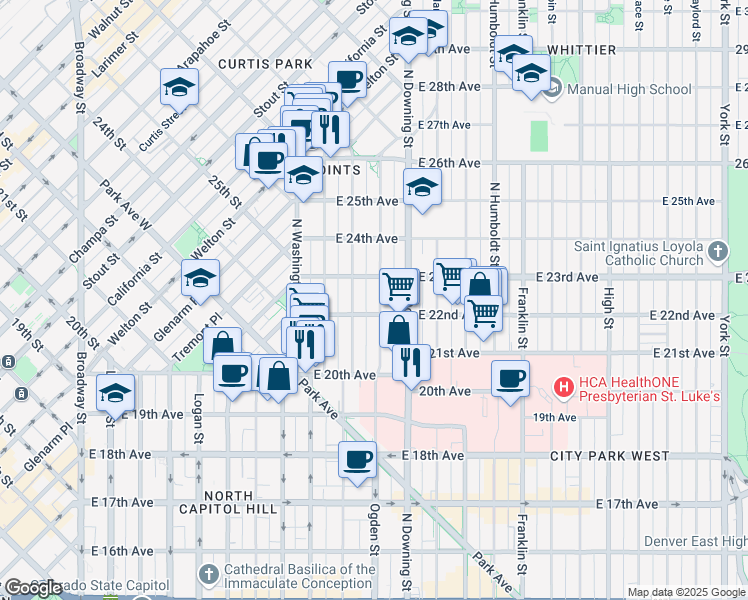 map of restaurants, bars, coffee shops, grocery stores, and more near 2225 North Ogden Street in Denver