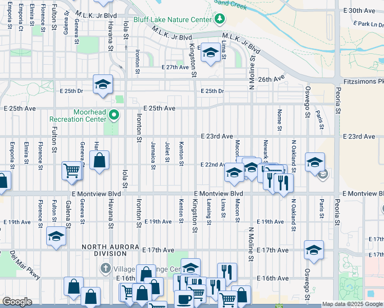 map of restaurants, bars, coffee shops, grocery stores, and more near 2225 Kingston Street in Aurora