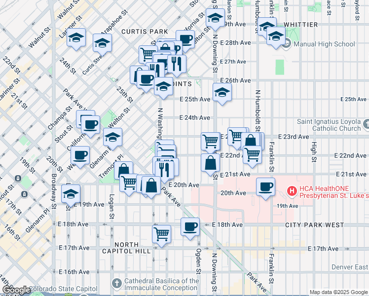 map of restaurants, bars, coffee shops, grocery stores, and more near 2225 Emerson Street in Denver