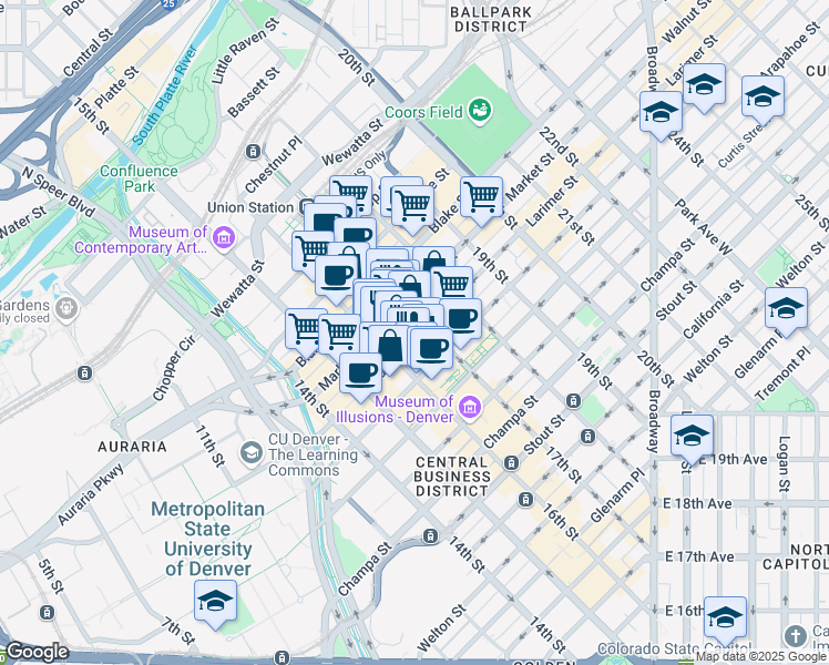 map of restaurants, bars, coffee shops, grocery stores, and more near 1675 Larimer Street in Denver