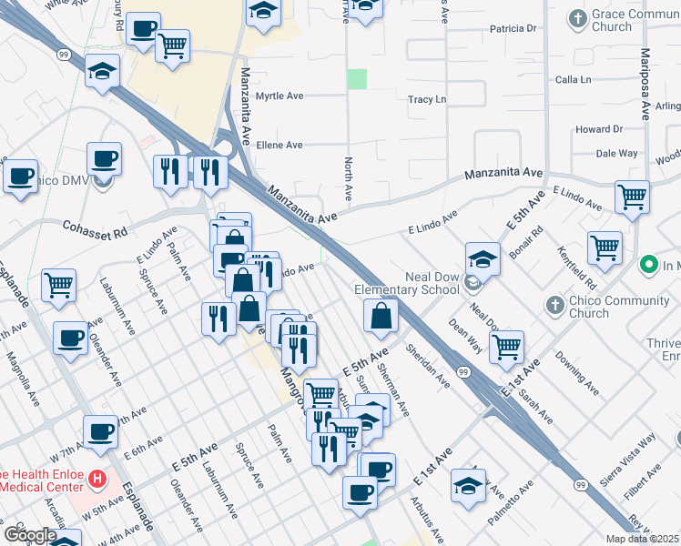 map of restaurants, bars, coffee shops, grocery stores, and more near 1722 Sheridan Avenue in Chico