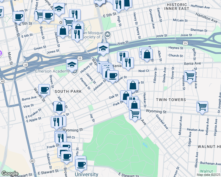 map of restaurants, bars, coffee shops, grocery stores, and more near 72 Clover Street in Dayton