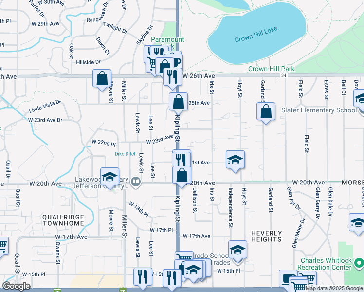 map of restaurants, bars, coffee shops, grocery stores, and more near 2200 Kipling Street in Lakewood