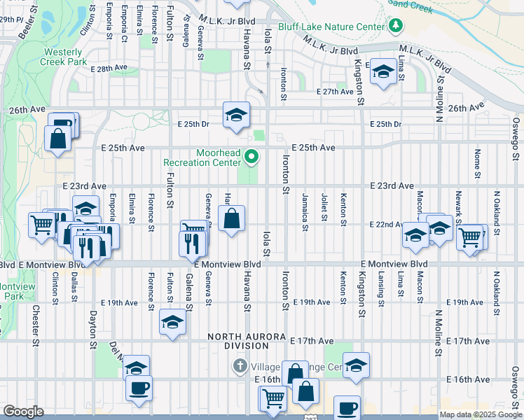 map of restaurants, bars, coffee shops, grocery stores, and more near 2241 Iola Street in Aurora