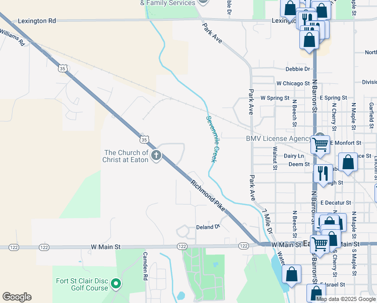 map of restaurants, bars, coffee shops, grocery stores, and more near 116 Woodland Drive in Eaton