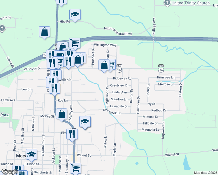 map of restaurants, bars, coffee shops, grocery stores, and more near 1404 Englewood Drive in Macon