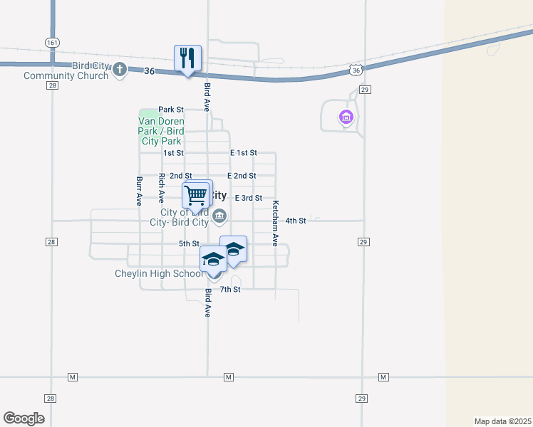 map of restaurants, bars, coffee shops, grocery stores, and more near 283-299 Ketcham Avenue in Bird City