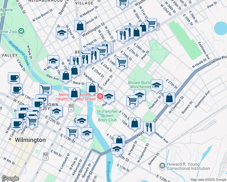 map of restaurants, bars, coffee shops, grocery stores, and more near 2105 North Pine Street in Wilmington
