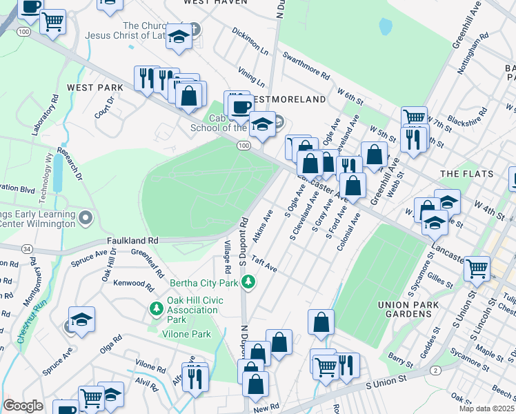map of restaurants, bars, coffee shops, grocery stores, and more near 108 South Dupont Road in Wilmington