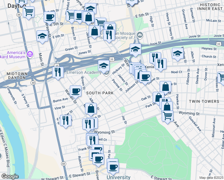 map of restaurants, bars, coffee shops, grocery stores, and more near 46 Bonner Street in Dayton