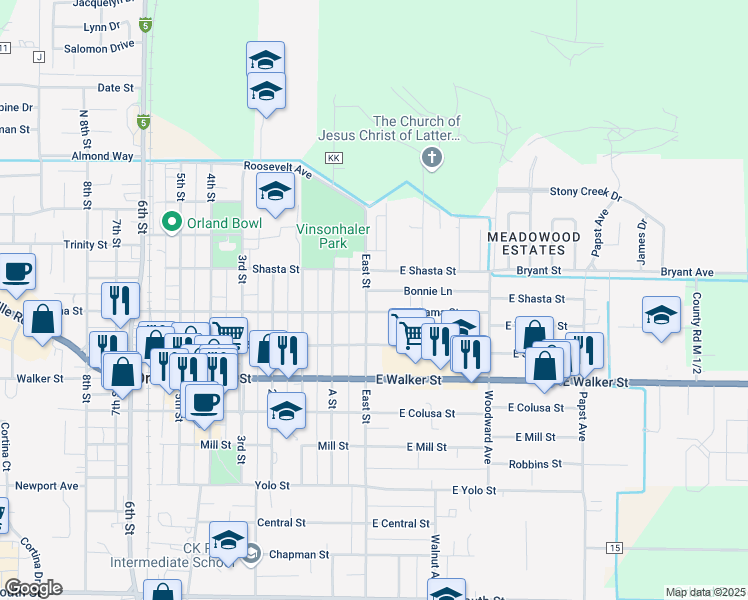 map of restaurants, bars, coffee shops, grocery stores, and more near 431 East Street in Orland
