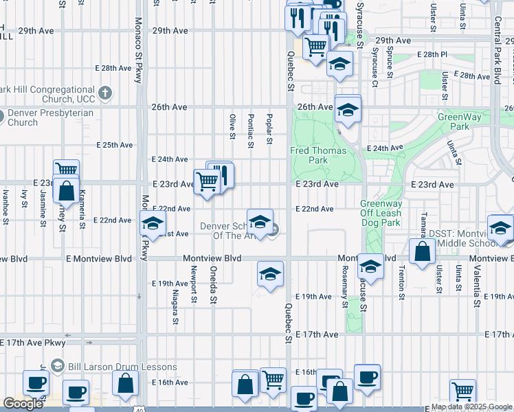 map of restaurants, bars, coffee shops, grocery stores, and more near 7101 East 22nd Avenue in Denver