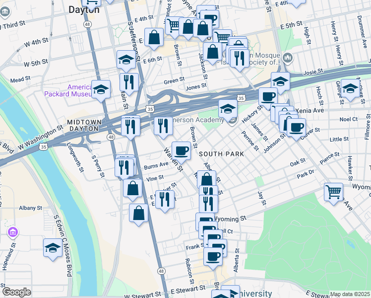 map of restaurants, bars, coffee shops, grocery stores, and more near 217 Burns Avenue in Dayton