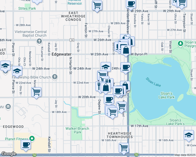 map of restaurants, bars, coffee shops, grocery stores, and more near 2231 Depew Street in Edgewater