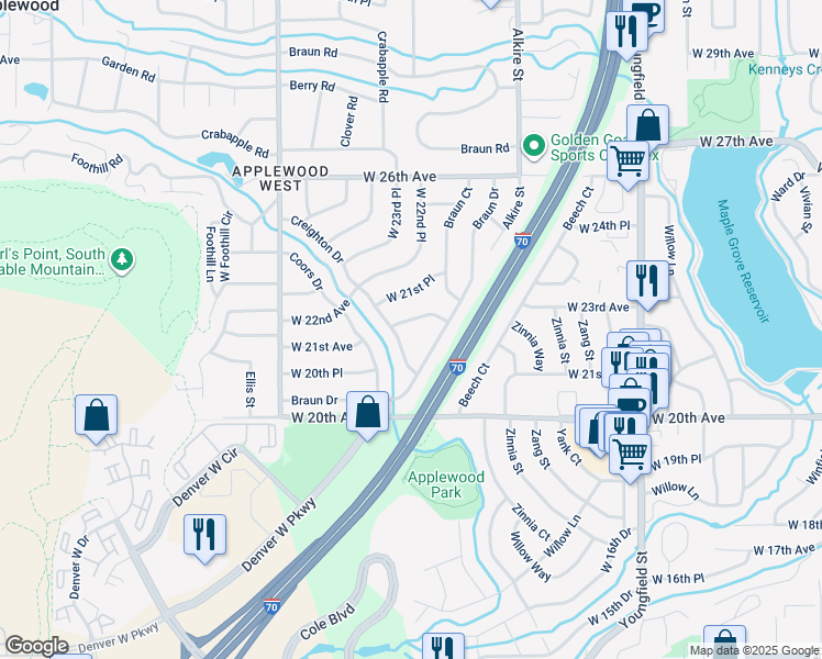 map of restaurants, bars, coffee shops, grocery stores, and more near 13532 W 21st Ave in Golden