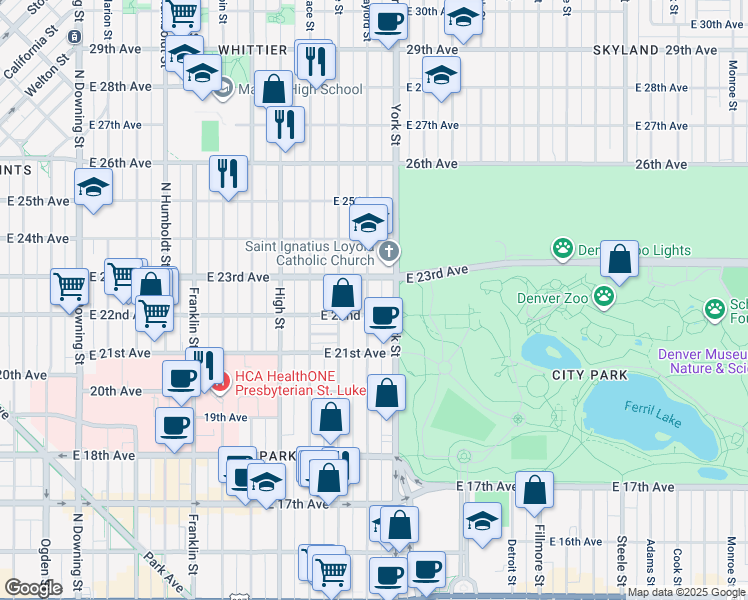 map of restaurants, bars, coffee shops, grocery stores, and more near 2222 North Gaylord Street in Denver