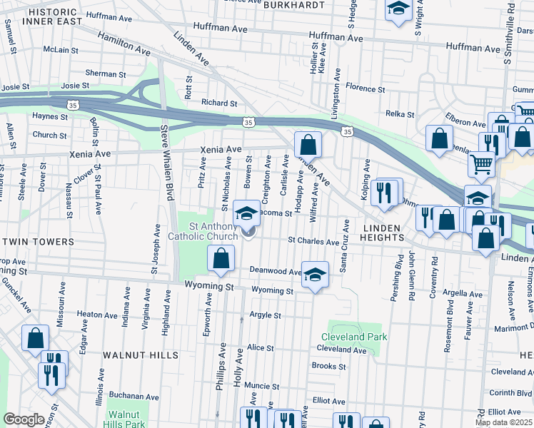 map of restaurants, bars, coffee shops, grocery stores, and more near 702 Creighton Avenue in Dayton
