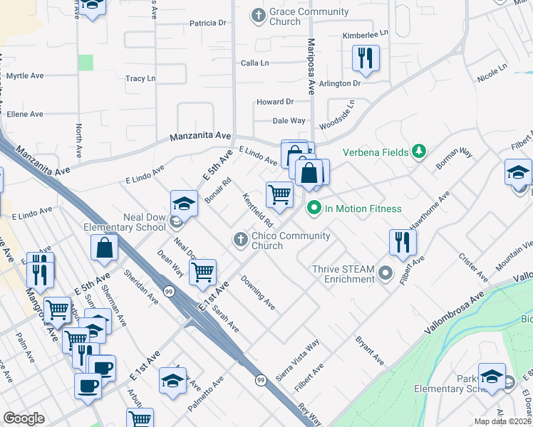 map of restaurants, bars, coffee shops, grocery stores, and more near 1160 Kentfield Road in Chico