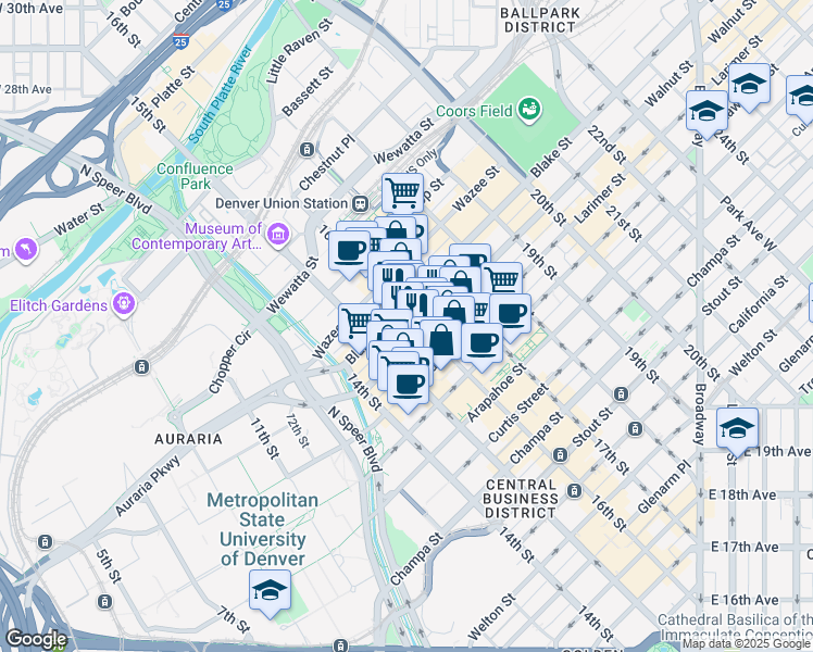 map of restaurants, bars, coffee shops, grocery stores, and more near 1400 16th Street in Denver