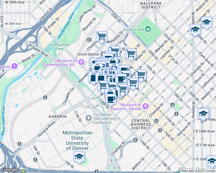 map of restaurants, bars, coffee shops, grocery stores, and more near 1517 Blake Street in Denver